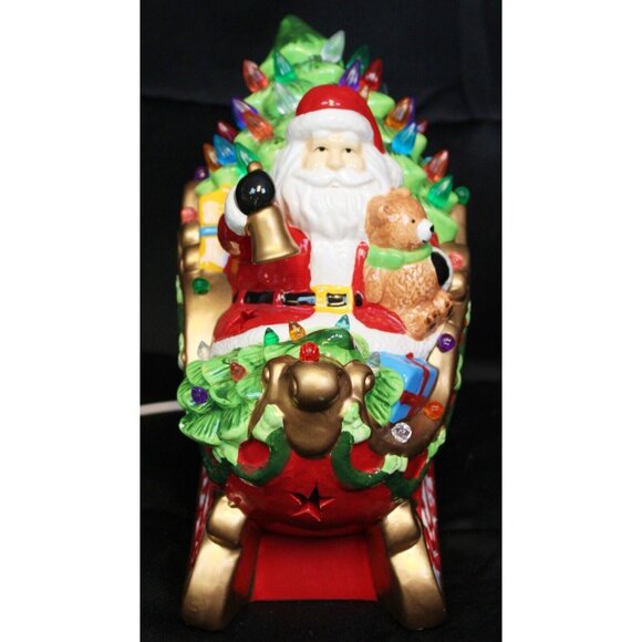 Roman 10'' Santa Sleigh Riding Ceramic Light Up Figure Ball Bear Present Holiday - Picture 2 of 10